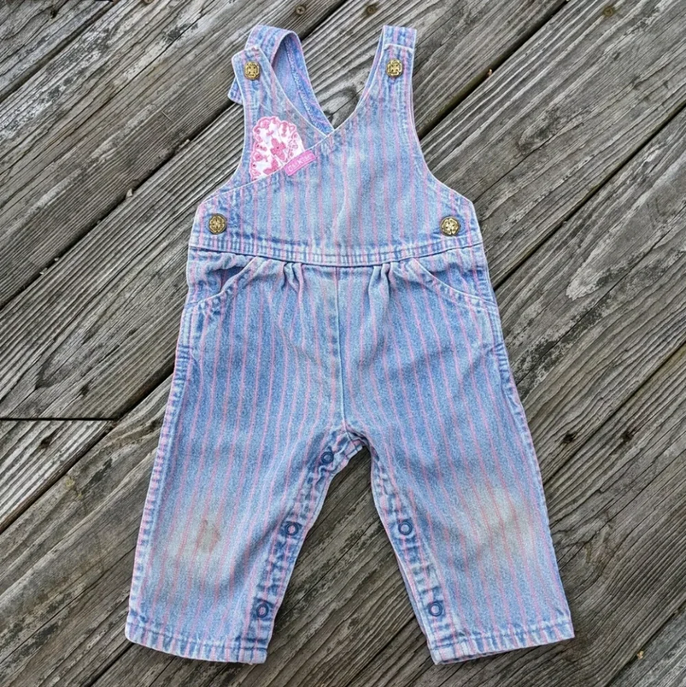 Vintage Oshkosh B'Gosh 6/9 M Vestbak Overalls Striped Denim Blue Pink